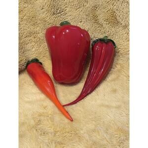 Murano Style Art Glass Lot Of 3 Orange & Red Peppers Hand Blown Paperweight Vtg